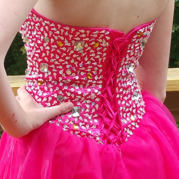 New 🔥 Hot Pink Beaded Strapless Prom Homecoming - Picture 3 of 8